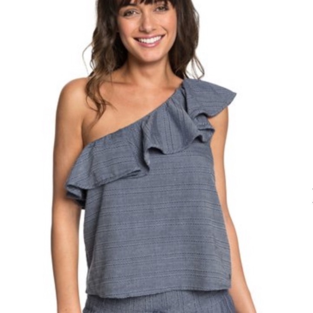 NWT Roxy Alcove Moment Cold Shoulder Top Ruffle Blue White Boho Beach Coastal